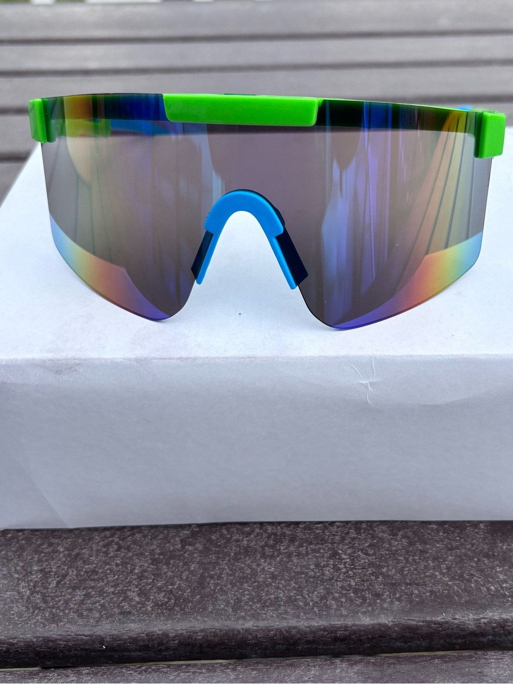 Men's Shield Sunglasses - Green Frame with Blue Nose Bridge